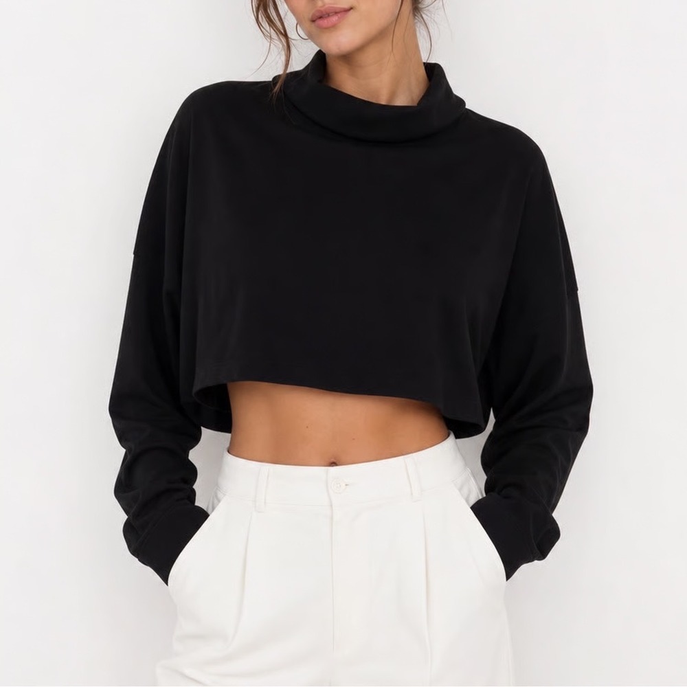 Balera Black Mock Neck Cropped Sweatshirt Sheer Mesh Back Long Sleeve SA